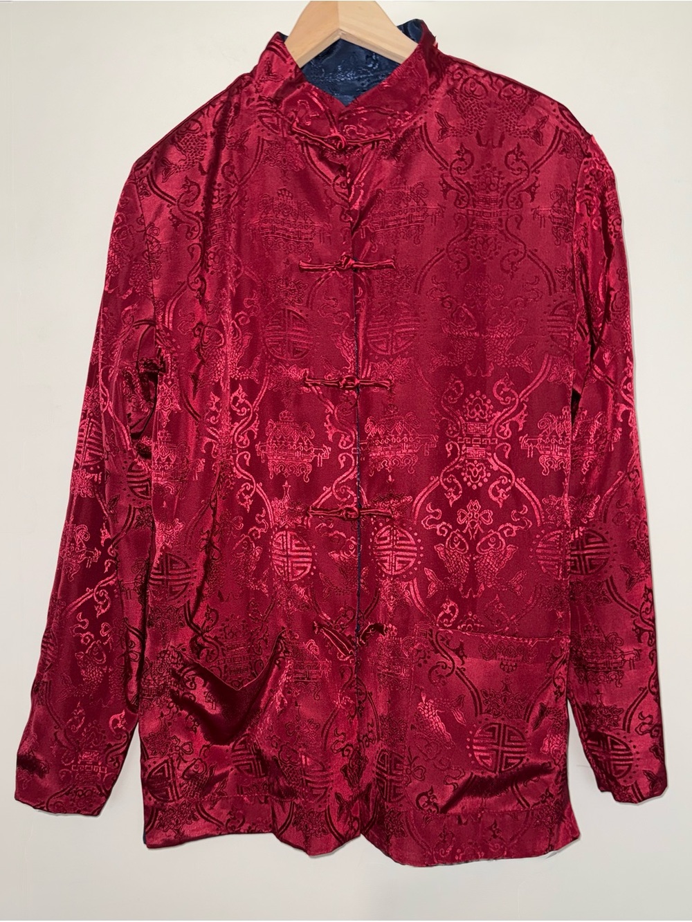 Chinoisserie Satin Red Navy 2-way Mandarin Frog Clasp Pankou Brocade Jacket L